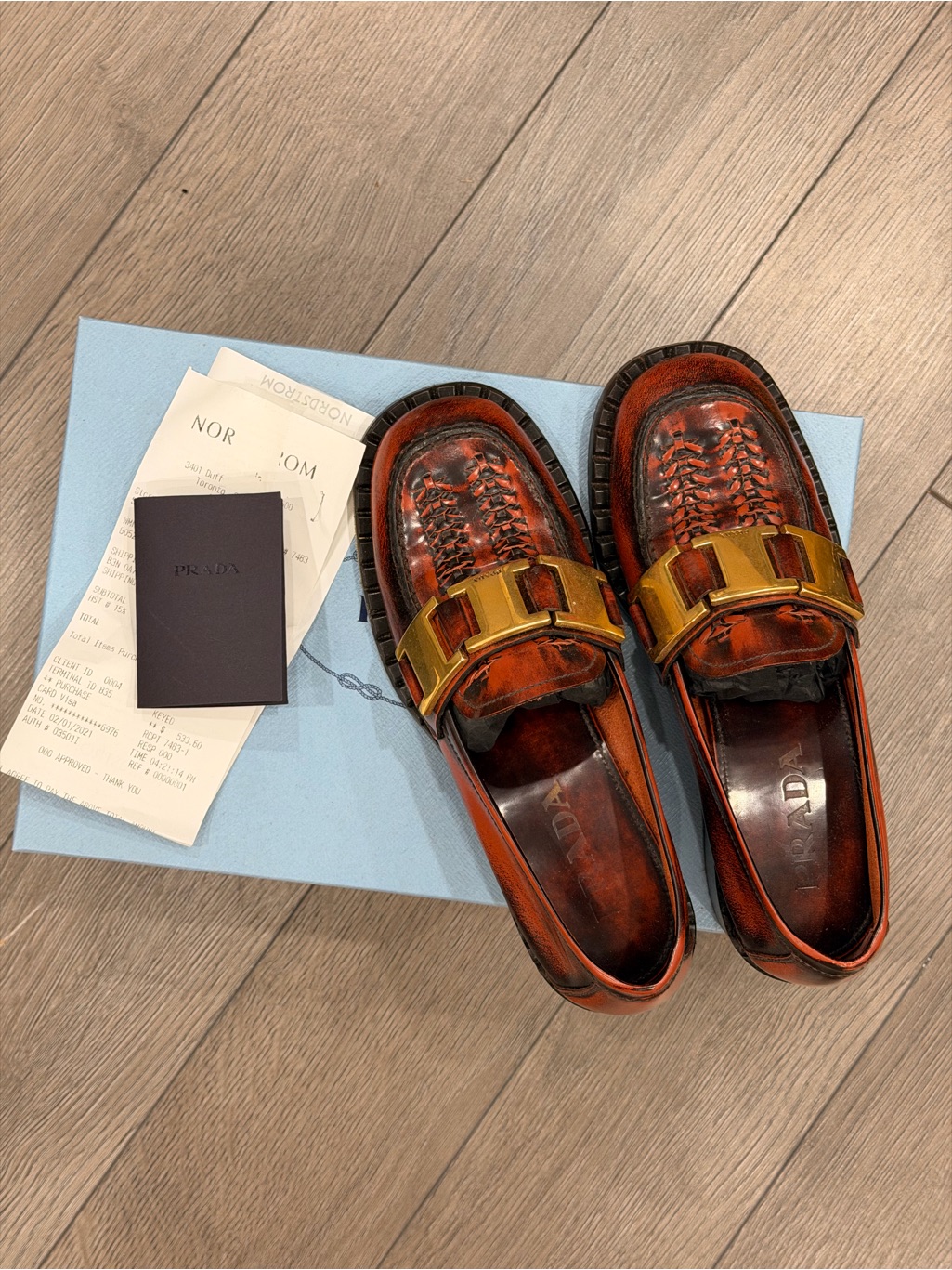 Prada Brown Leather Loafers With Gold Accent